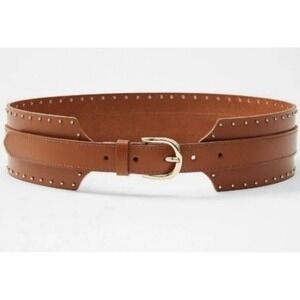 LOFT Genuine Leather Cognac Studded Wide Corset Waist Belt Brown Size S
